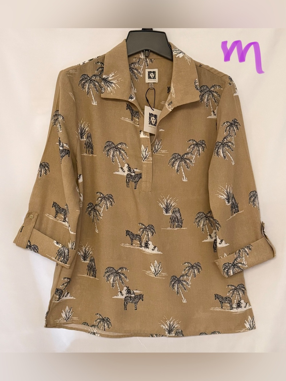 Anne Klein Tan Palm & Zebra Print Roll-Tab Tunic